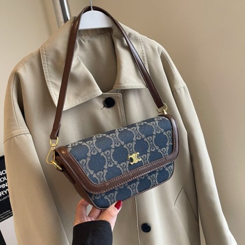 French bag women's autumn new fashion shoulder crossbody bag fashionable denim mahjong bag trendy armpit bag