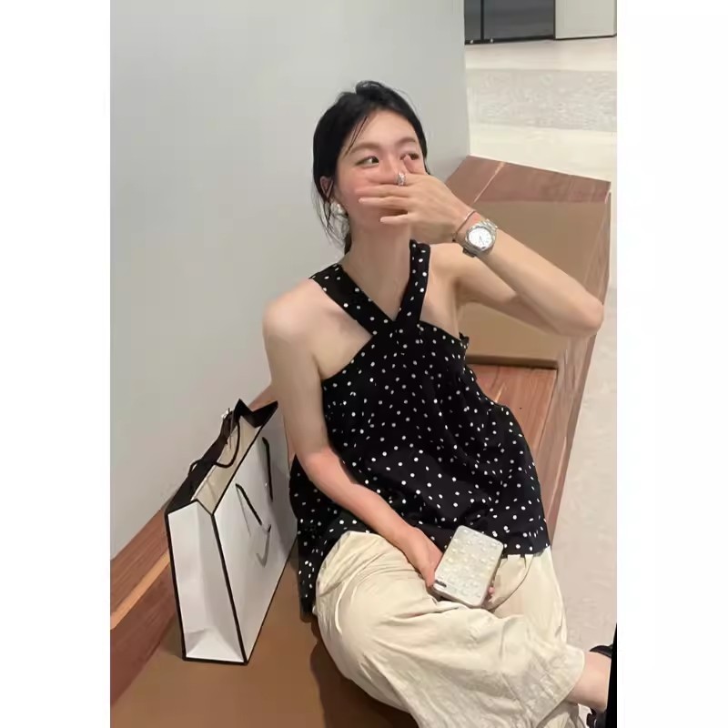 French halterneck sleeveless two-wear polka-dot camisole women's spring 2024 new style temperament outer wear mid-length top