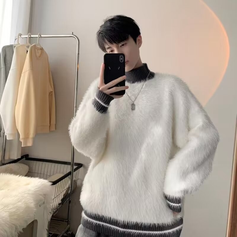 Half turtleneck striped sweater for men in winter thickened mohair lazy style sweater trendy brand loose high-end coat
