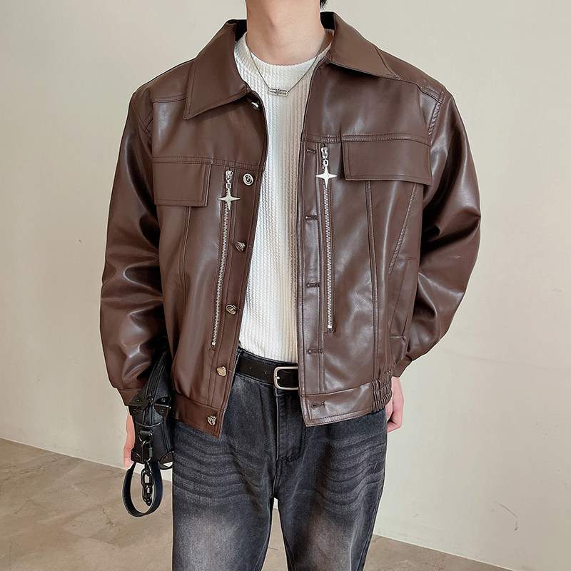 Autumn and winter premium PU leather jacket for men with cotton, thickened lapel, short zipper design leather jacket