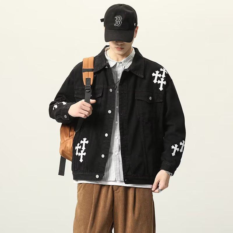 Spring American Lapel Jacket Top Washed Retro Loose Cross Denim Jacket for Men