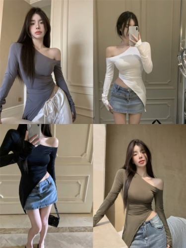Irregular T-shirt tight hot girl sexy off-shoulder long-sleeved top