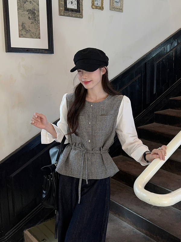 French round neck design fake two-piece patchwork shirt for women autumn fragrance quality lace-up Korean style top