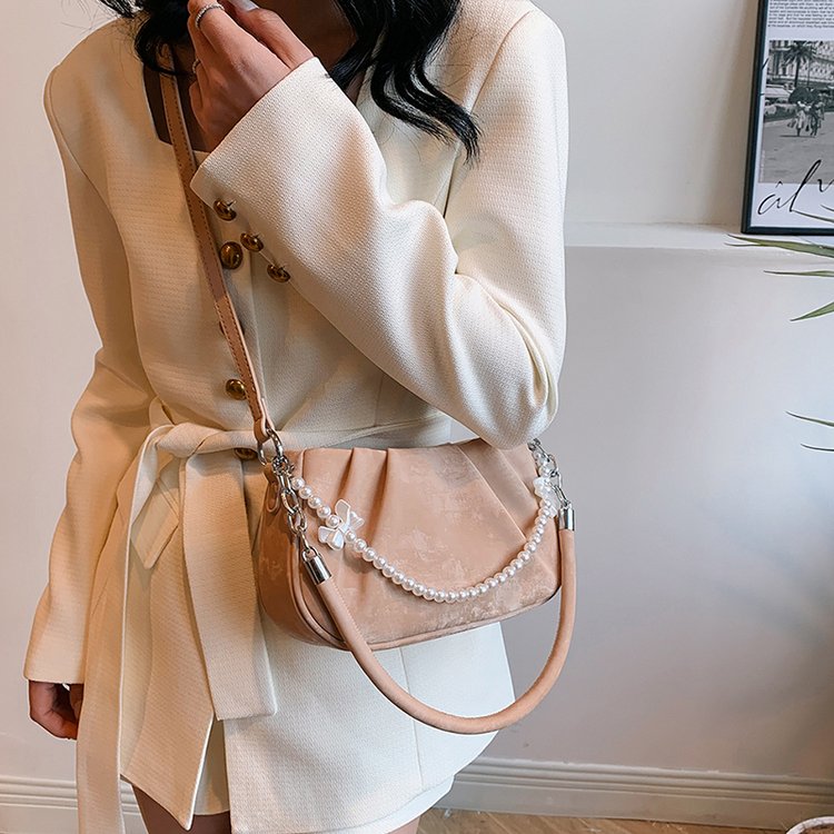 French Versatile White Pleated Cloud Small Bag Women 2024 New Pearl Chain Underarm Bag Single Shoulder Crossbody Bag
