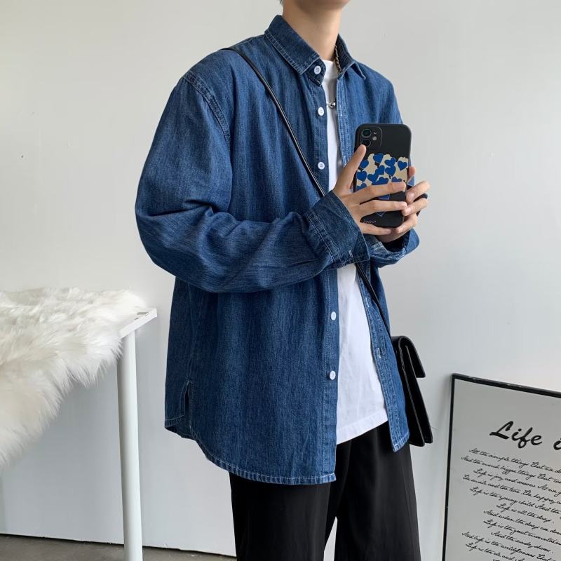 Japanese retro distressed long-sleeved denim shirts for men and women, trendy brand loose bf style casual couple thin coats