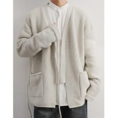 High-end stacked collar strappy sweater men's jacket new Chinese style strappy robe lazy solid color knitted cardigan