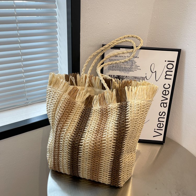 Straw bag tote bag woven bag striped fashion beach seaside straw bag women's casual large capacity handbag