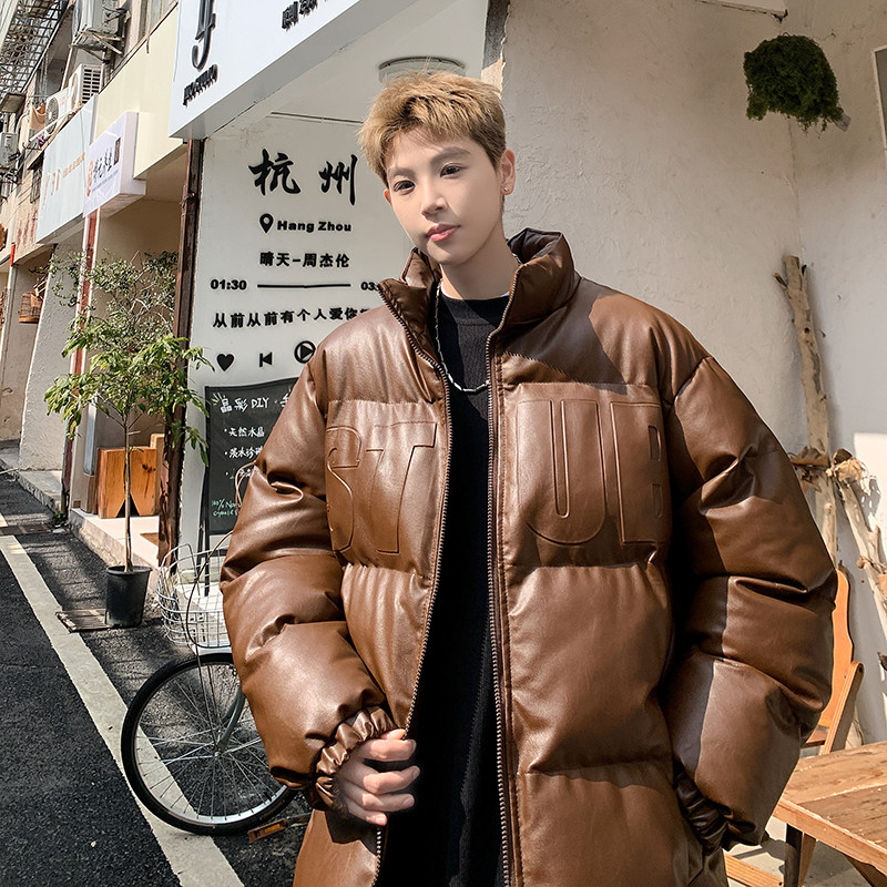 American cleanfit retro windproof pu leather cotton coat men's winter trendy brand thickened bread coat cotton coat