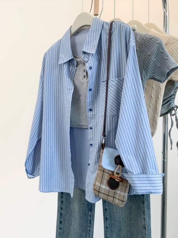 French Blue Striped Shirt Jacket Women's Autumn 2024 New Lazy Style Loose Shirt Spring Autumn Early Autumn Top
