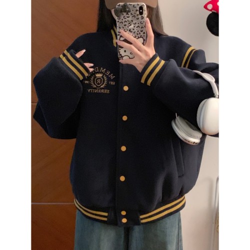 American college style contrasting color jacket for women autumn and winter new style navy blue loose quilted baseball jacket trendy