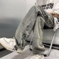 Niche design zipper slit jeans for men, American retro loose straight leg mopping high street pants