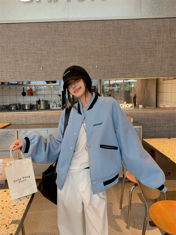 Autumn bright color splicing Korean style casual raglan sleeve baseball uniform jacket