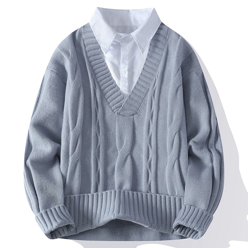 Men's and women's same style lazy casual trendy autumn and winter new round neck slightly wide knitted fake two-piece sweater for men
