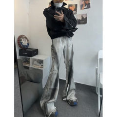 American high street dirty contrast color gradient micro-flare jeans men's ins fashion brand spring and autumn retro floor-length pants