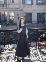 Belted fake two-piece long-sleeved temperament thick woolen dress for women 2024 winter long skirt for women