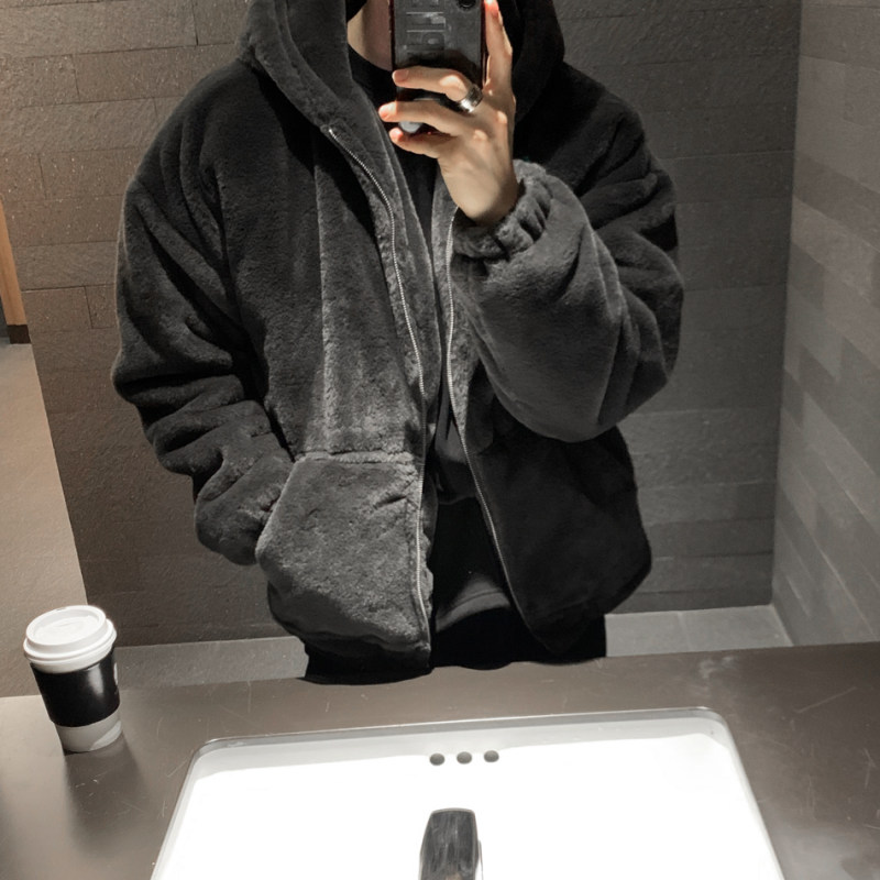 Winter imitation lamb wool jacket for men, velvet thickened cotton coat, Korean style loose polar fleece jacket, Hong Kong fashion brand cotton coat