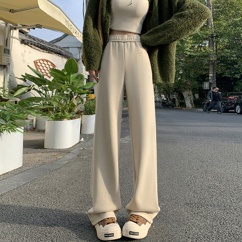 Woolen narrow wide-leg pants for women 2024 autumn and winter new high-waist drape casual herringbone velvet straight pants