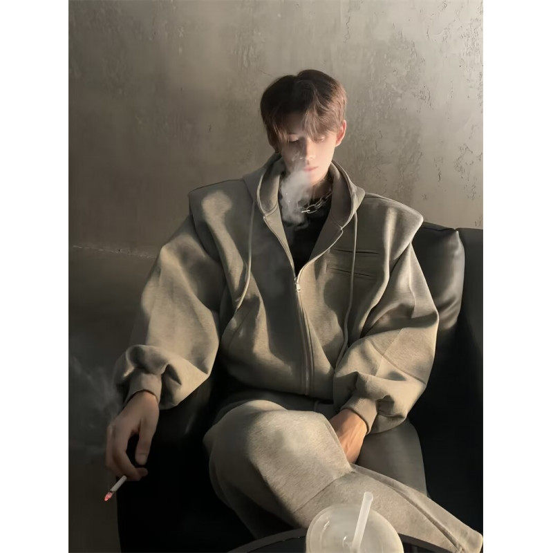American style shoulder pad hooded sweatshirt for men and women in spring and autumn new trendy brand design loose motorcycle couple handsome jacket