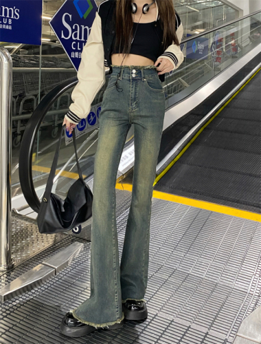 Retro hot girl stretch micro-flare jeans women's design high-waisted loose wide-leg pants floor-length trousers