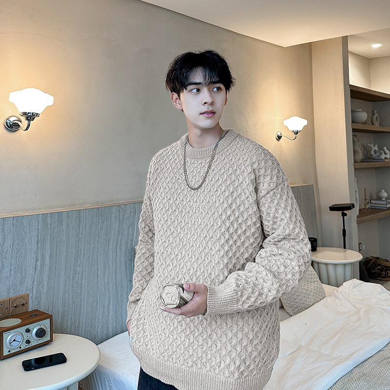 Autumn new Hong Kong style rhombus jacquard solid color handsome trendy brand pullover round neck sweater