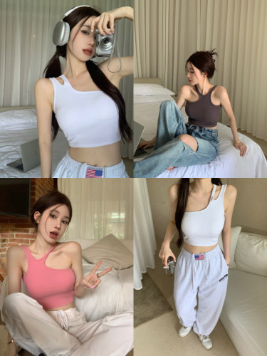 Real shot, real price, irregular halter neck, tight-fitting short two-wear camisole for hot girls with breast pads