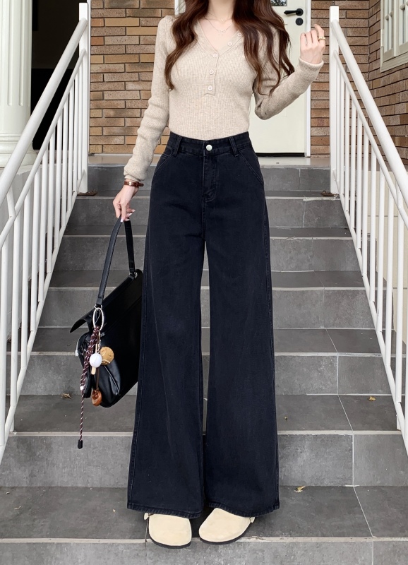 Real shot~Small black high-waisted wide-leg jeans for women autumn new straight loose slimming floor-length trousers