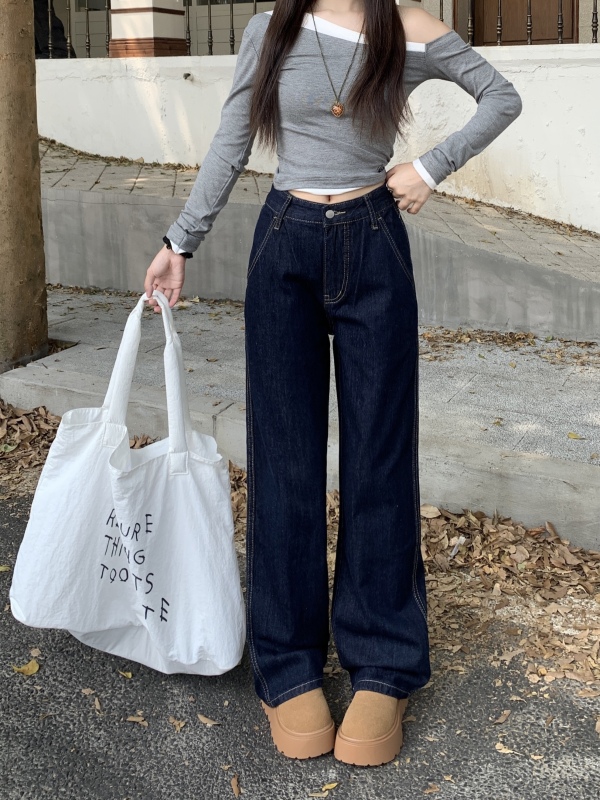 Dark Blue Drapey Wide Leg Jeans Women's Autumn Retro Washed High Waist Straight Floor-Mopping Pants