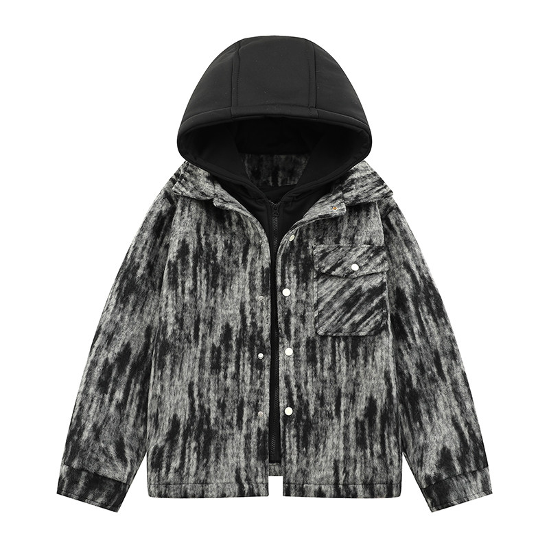 Autumn imitation woolen small fragrant jacket trendy men's American retro handsome leopard print shirt hooded jacket