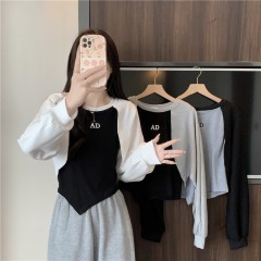 Chinese cotton composite milk silk irregular fake two-piece short long-sleeved top