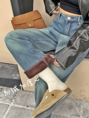 Real-price velvet thickened jeans for women in autumn and winter, retro washed high-waist slimming straight wide-leg floor-length trousers