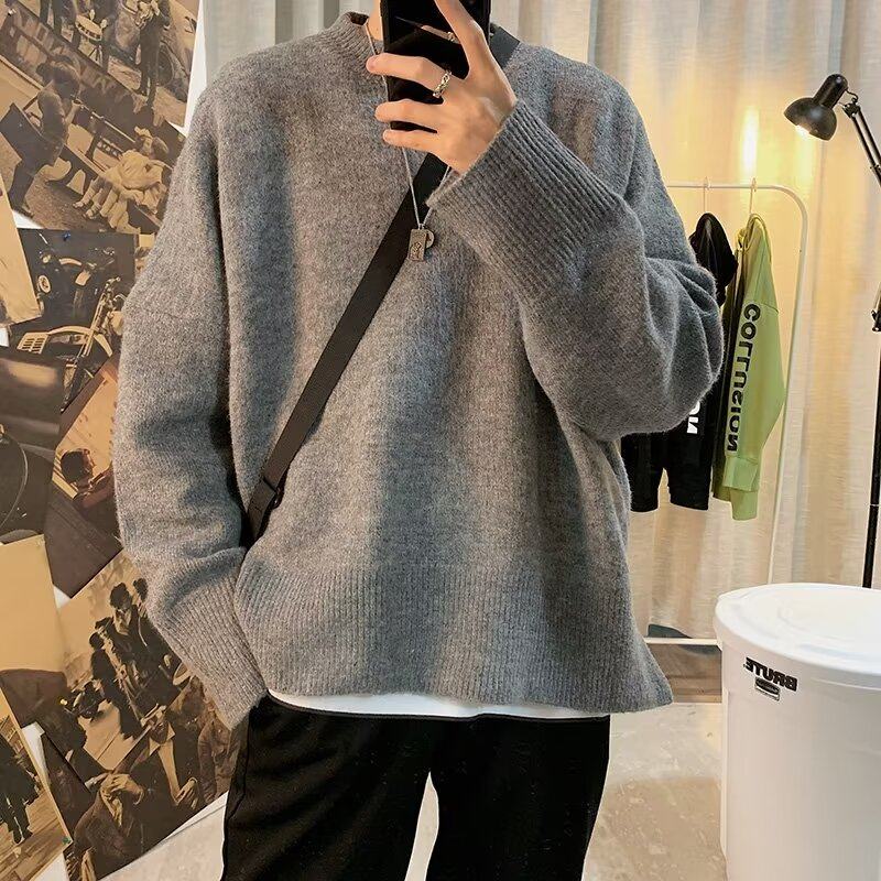 Mid-collar sweater for men, winter half turtleneck sweater, loose and lazy black suit coat inside
