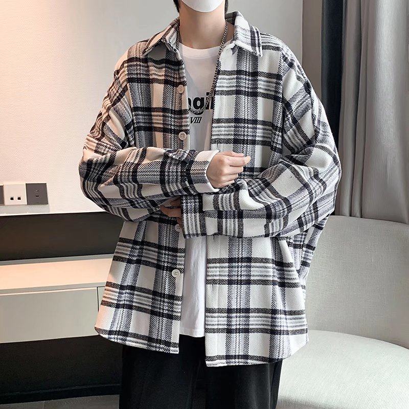Plaid shirt men's spring and autumn Hong Kong style Korean style versatile loose casual top long-sleeved shirt