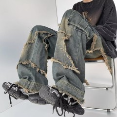 American retro wide-leg jeans, high street patch jeans, straight-leg loose, slim and floor-length pants, trendy