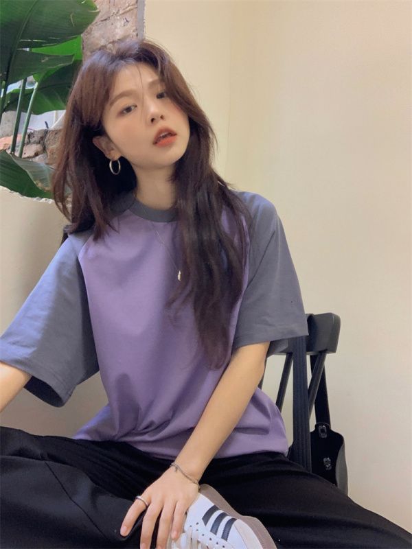 Real shot American contrast raglan sleeve literary retro niche taro purple short-sleeved T-shirt