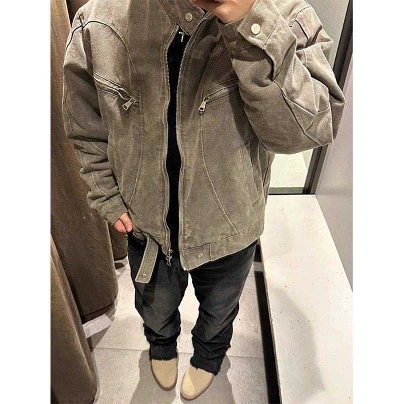 American retro stand collar denim jacket men's trendy brand spring high-end casual jacket men's spring and autumn