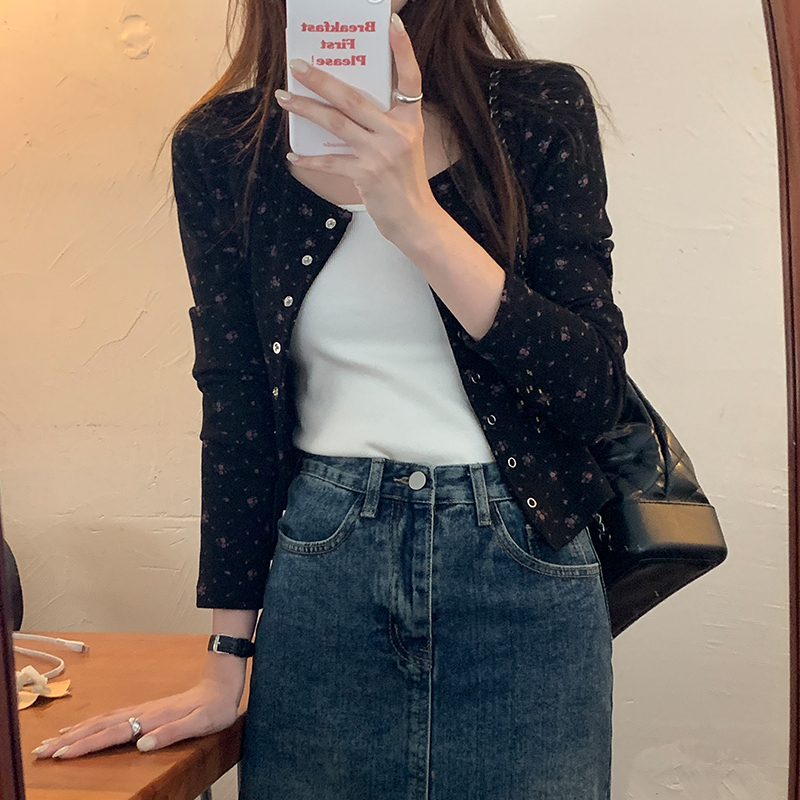 French small square collar floral cardigan top new 2024 waffle long-sleeved small cardigan for women