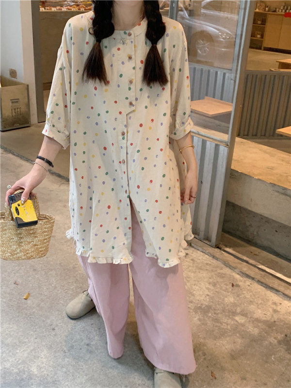 Real shot~Japanese retro colorful polka dot printed short-sleeved dress for age reduction, loose fungus hem, mid-length color