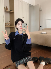 2024 Autumn New Lapel Contrast Color Sweatshirt Women Autumn Versatile Printed Long Sleeve Women