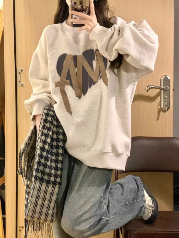 Lazy style petite loose round neck sweatshirt women's autumn and winter long-sleeved top women's clothing