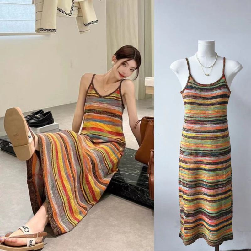 French style beautiful sleeveless knitted dress for women summer design colorful striped suspenders to cover belly vest long skirt