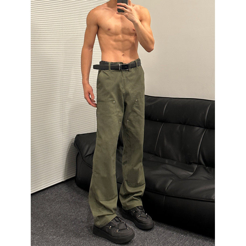 Military green logging overalls men's American high street loose straight casual pants cleanfit pants