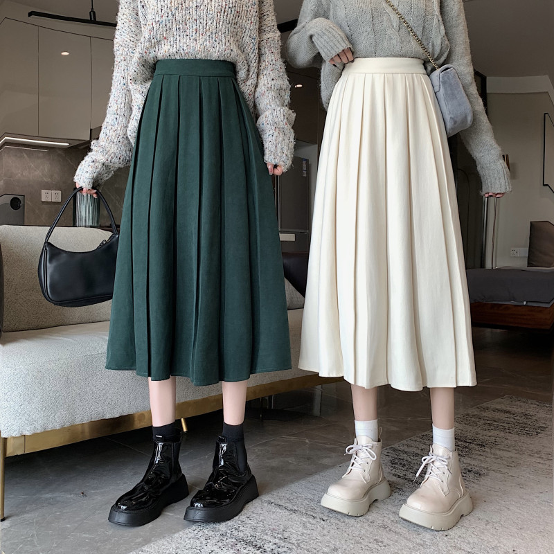 High-waisted slimming mid-length pleated skirt with retro style and versatile skirt
