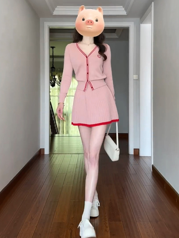 Early Autumn Wear Gentle Style Contrast Color V-Neck Pink Sweater➕Skirt Suit