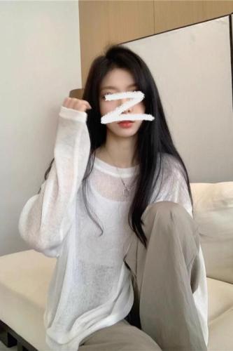 Simple pullover loose long-sleeved sun protection shirt women's thin slightly see-through cover-up T-shirt outer top