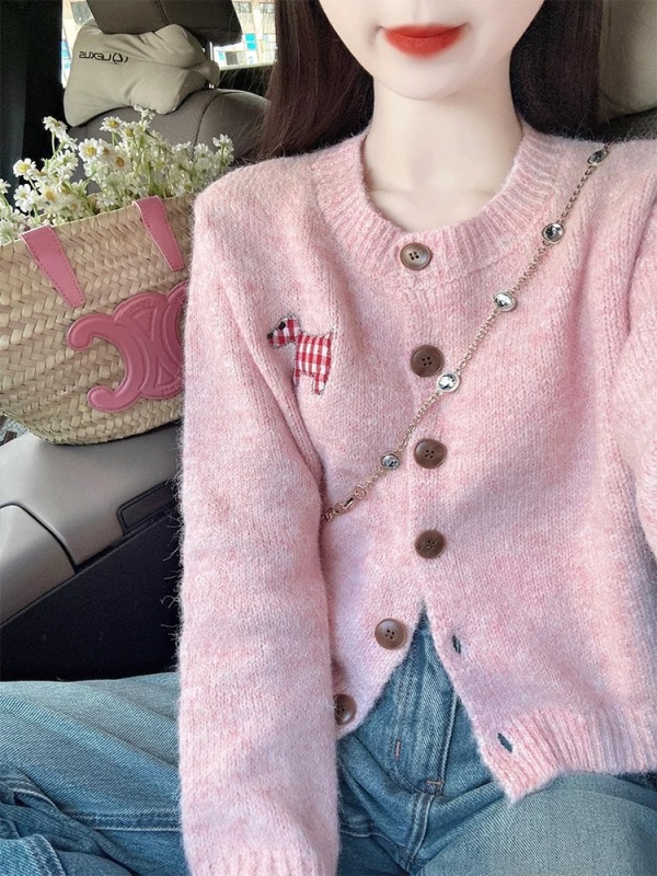 Pink knitted sweater for women 2024 new early autumn small Korean style atmosphere sense Gao Zhi sister style chic top