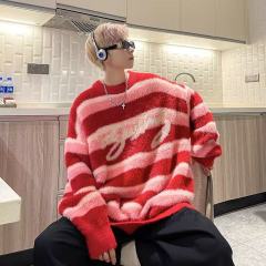 Hip-hop striped sweater men's winter imitation mink embroidered sweater loose lazy style jacket