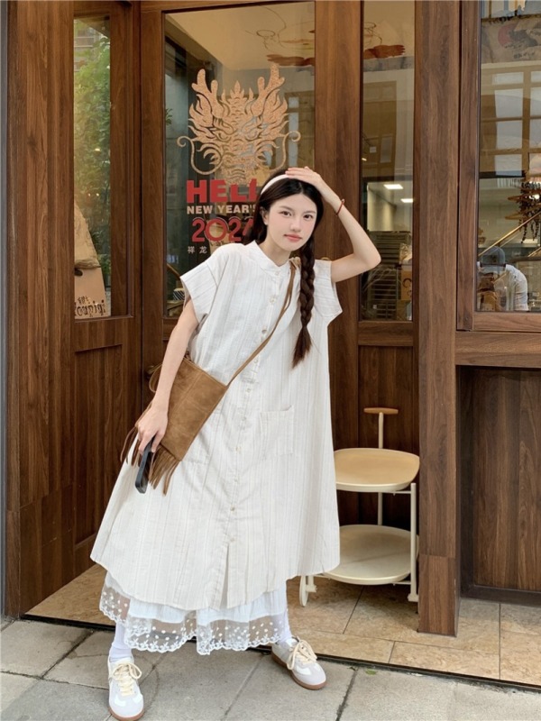 Real shot and real price Japanese retro striped loose and versatile mid-length shirt dress