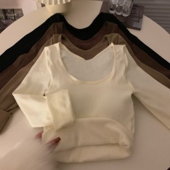 U-neck bottoming shirt long-sleeved warm plus velvet thickened autumn and winter tops bottoming shirt with chest pad