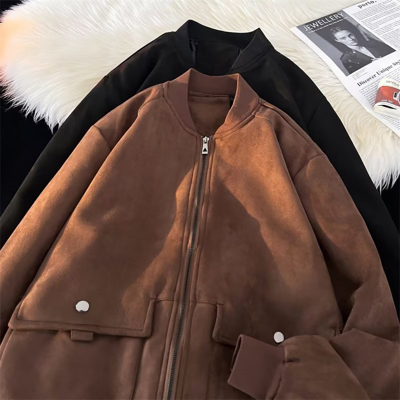 New Hong Kong style Japanese retro suede stand collar baseball uniform jacket