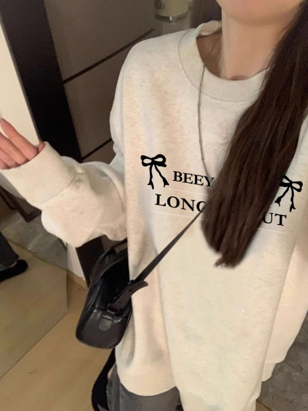 Round neck sweatshirt with bow, autumn loose Korean style long-sleeved top for small people